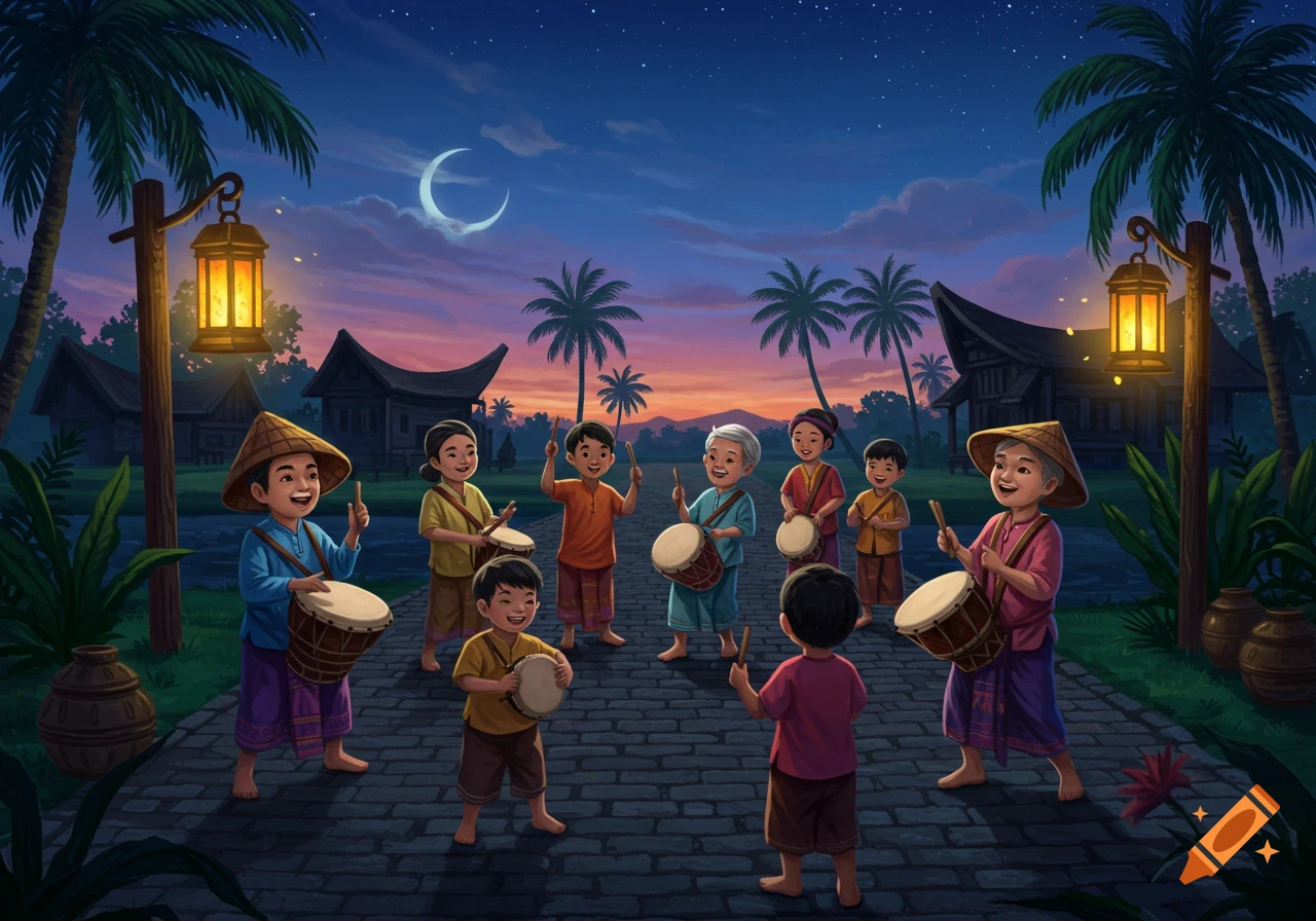 Joyful group of children and adults playing traditional drums under a crescent moonlit sky in a vibrant village at night, stylized illustration.