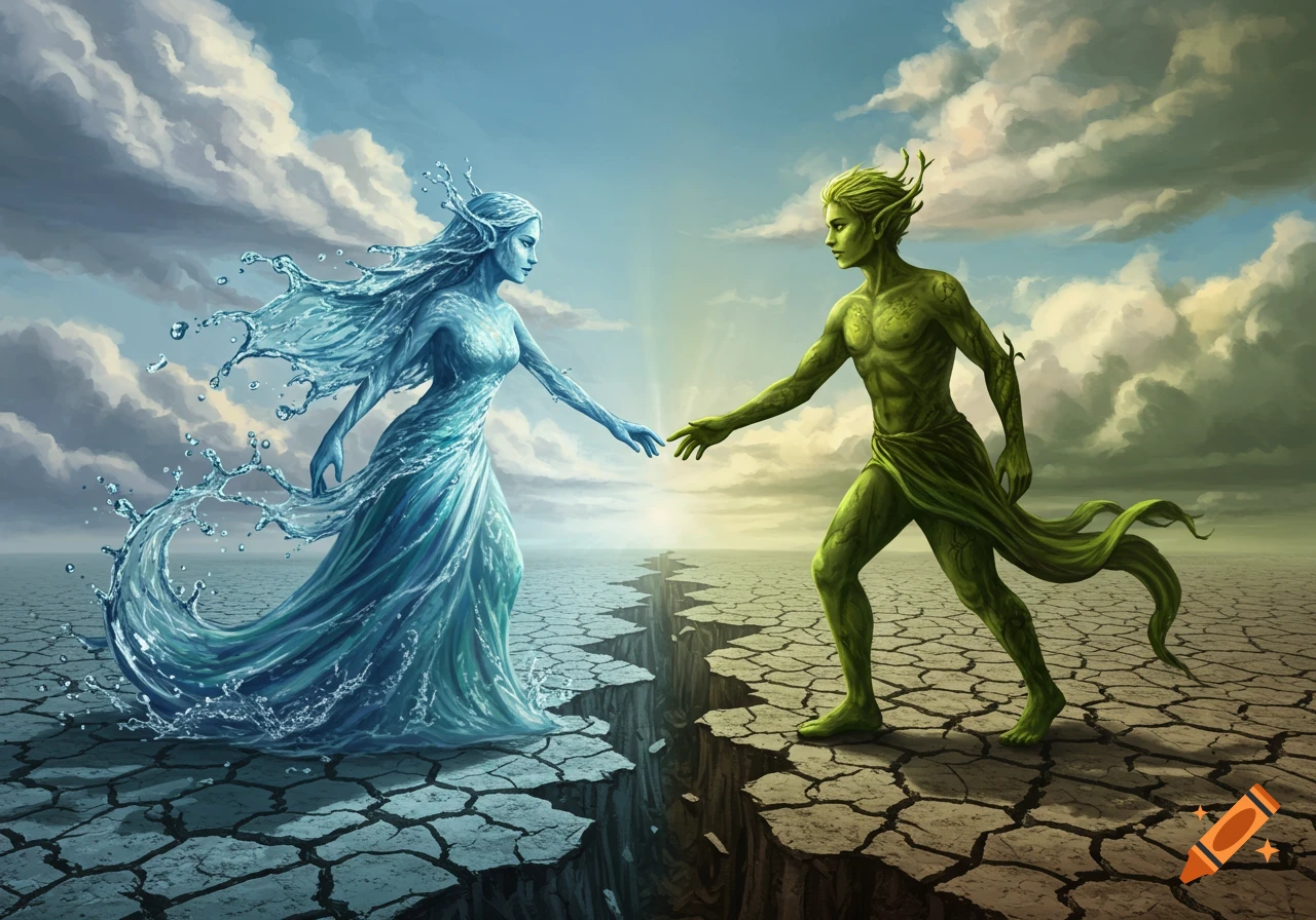 An elemental water woman and an earth man reach across a cracked, dry chasm under a cloudy sky in a detailed fantasy illustration.