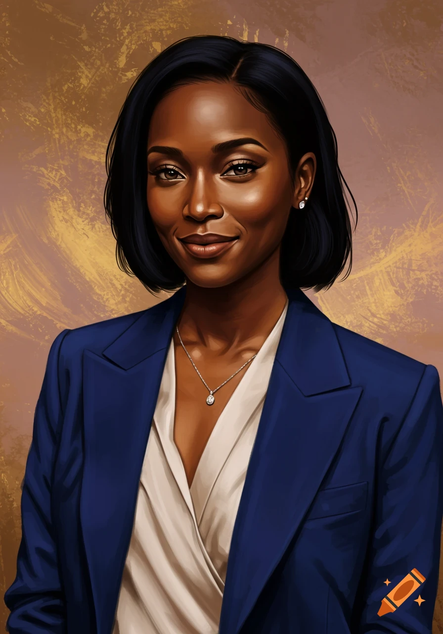 A photorealistic portrait of a dark-skinned woman with short black hair, wearing a blue blazer and white blouse, smiling against a textured gold background.