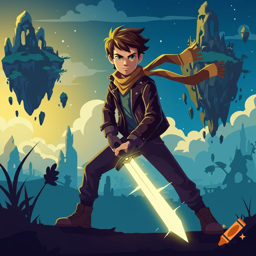 A young heroic boy in anime style, wearing a leather jacket and scarf, holds a glowing sword against a mystical background of floating islands.
