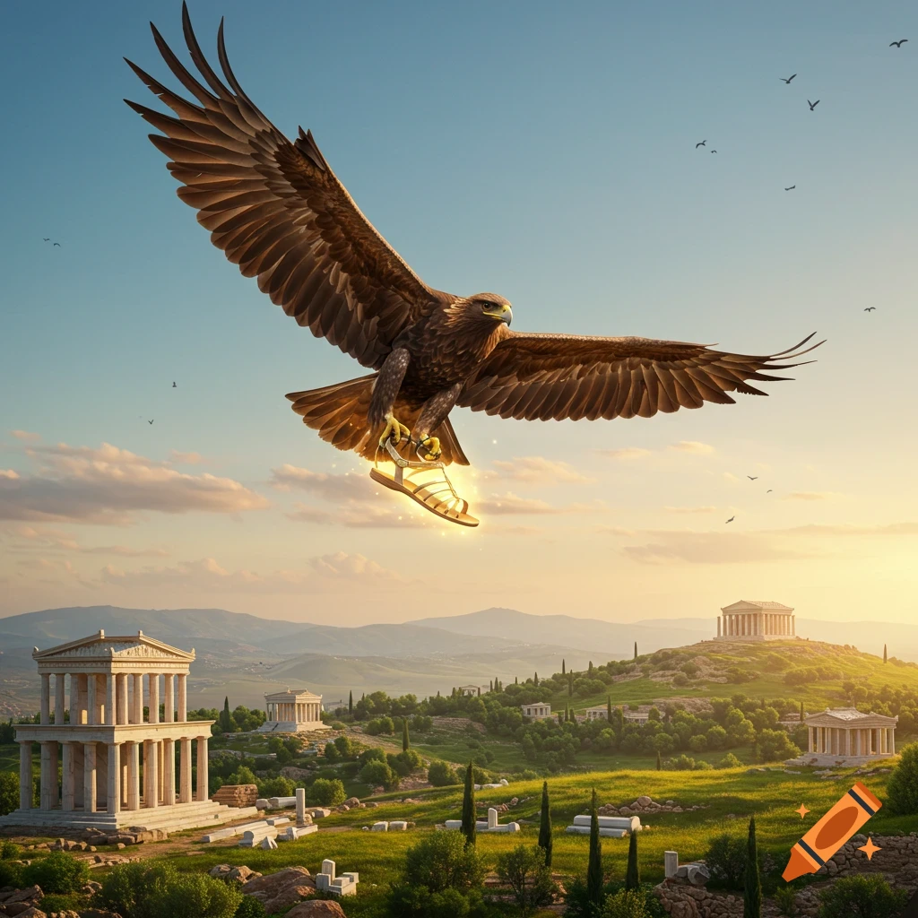 Photorealistic golden eagle flying over an ancient Greek landscape with temples, carrying a glowing sandal in its talons at sunset.