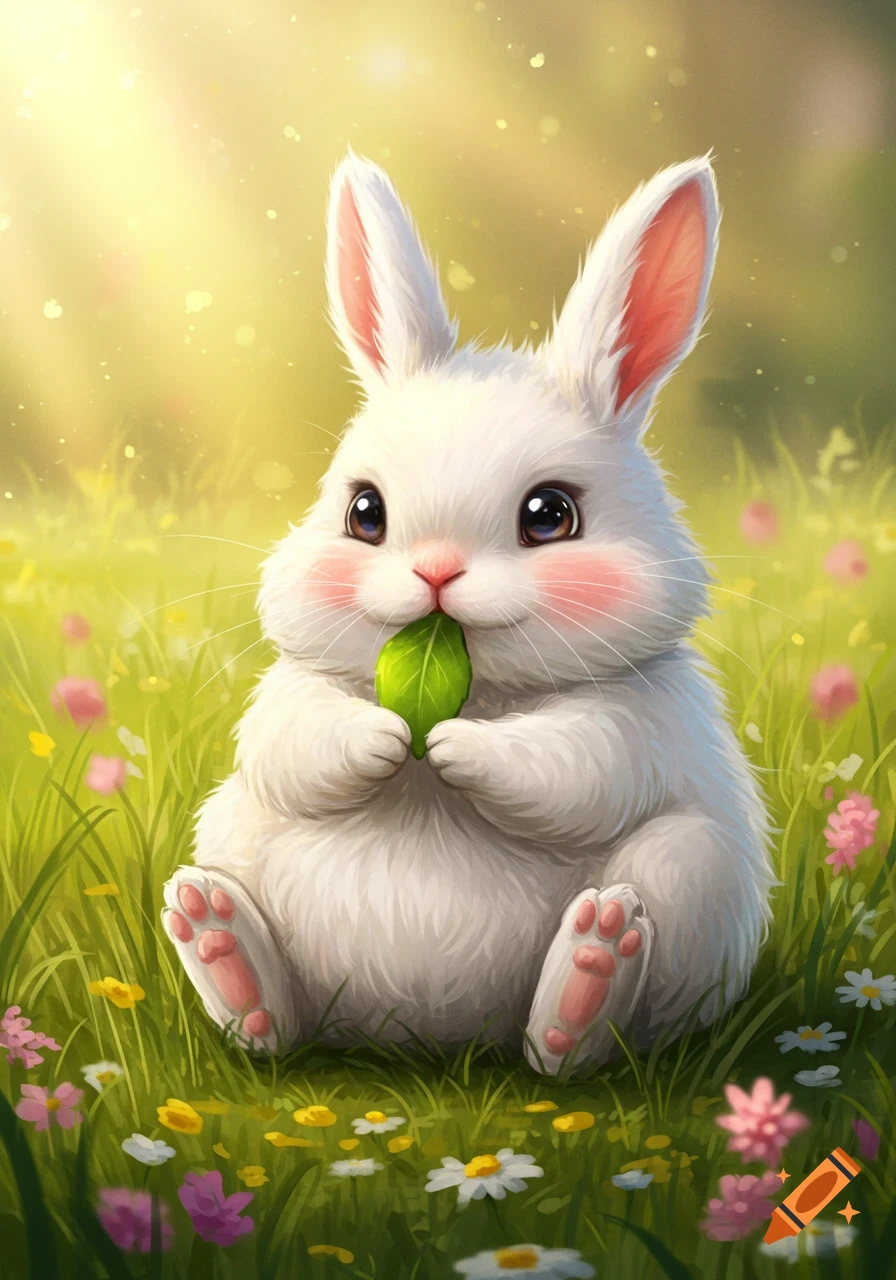 A fluffy white bunny with pink cheeks sits in a vibrant green meadow filled with colorful flowers, eating a green leaf.