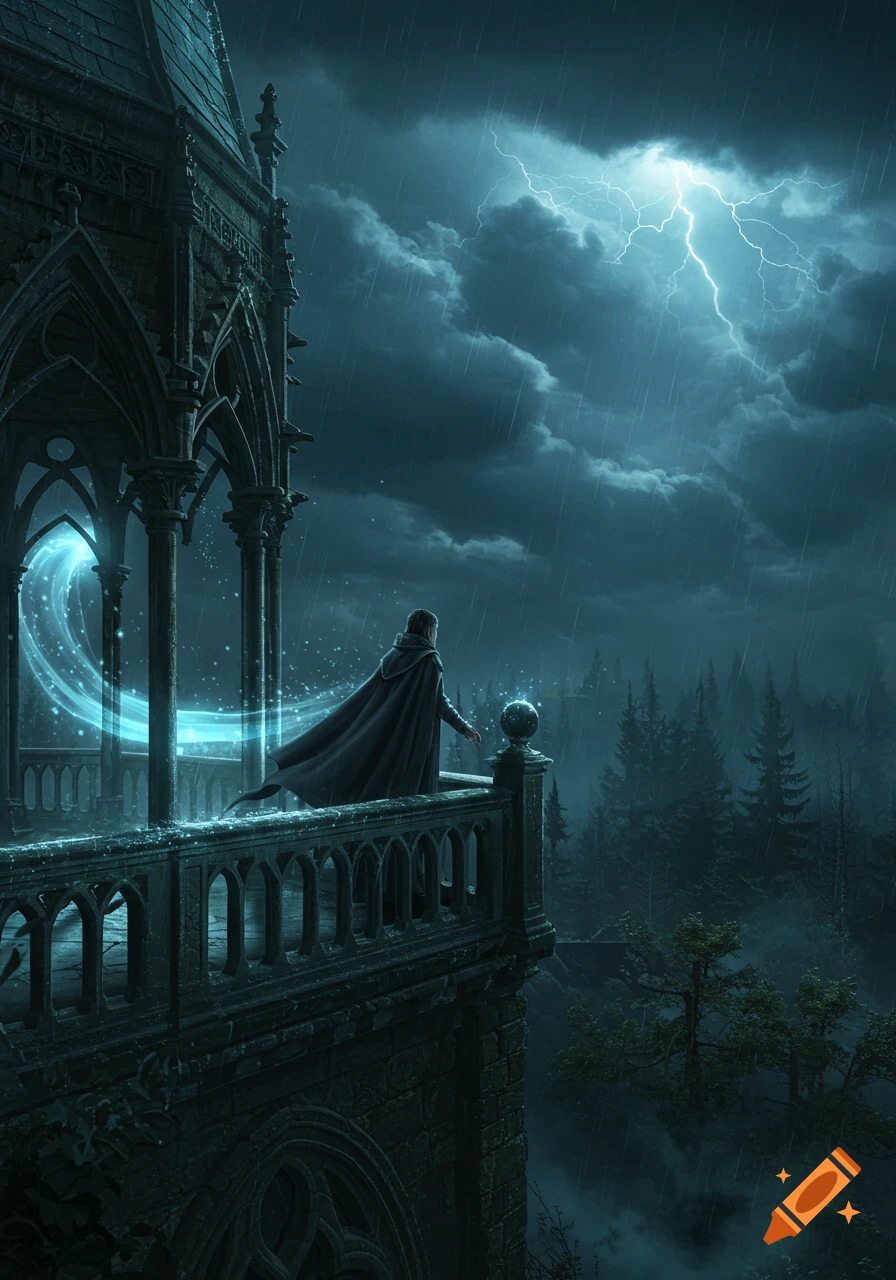 A cloaked figure stands on a gothic balcony overlooking a stormy forest with lightning and mystical blue light.