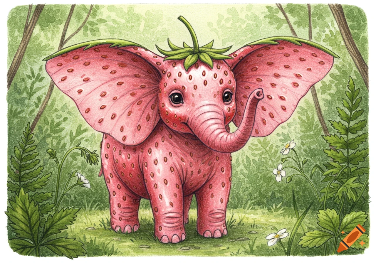A cute, whimsical pink strawberry-elephant with a stem for a hat stands in a green forest, illustration style.