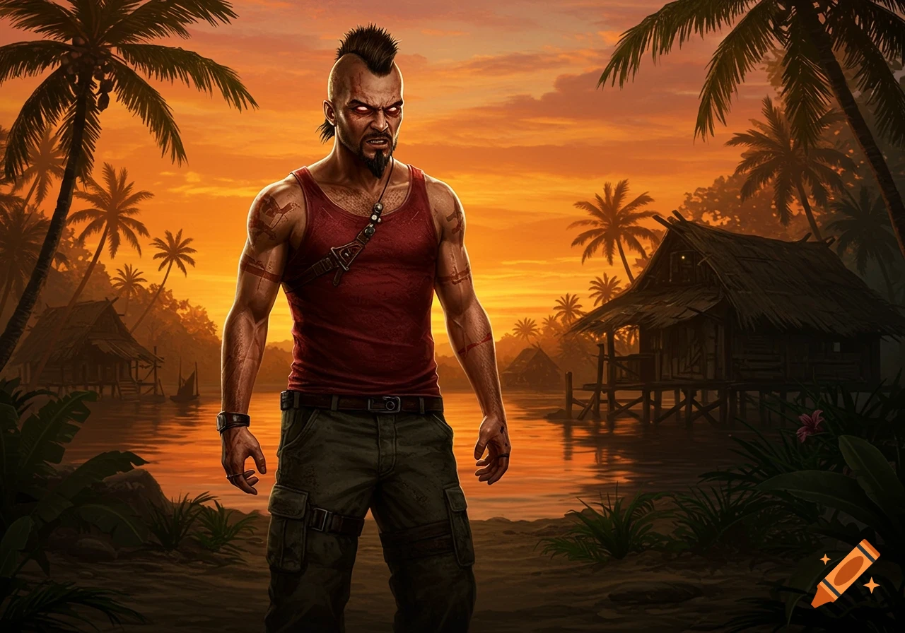 Digital illustration of Vaas from Far Cry 3, a menacing man with a mohawk, red eyes, and tattoos, standing on a tropical island at sunset.