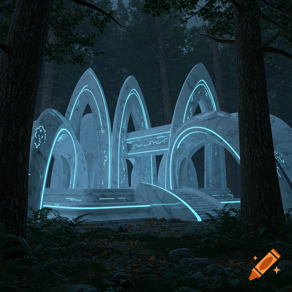 A futuristic white marble temple with glowing blue accents stands in a dark, misty forest at night.