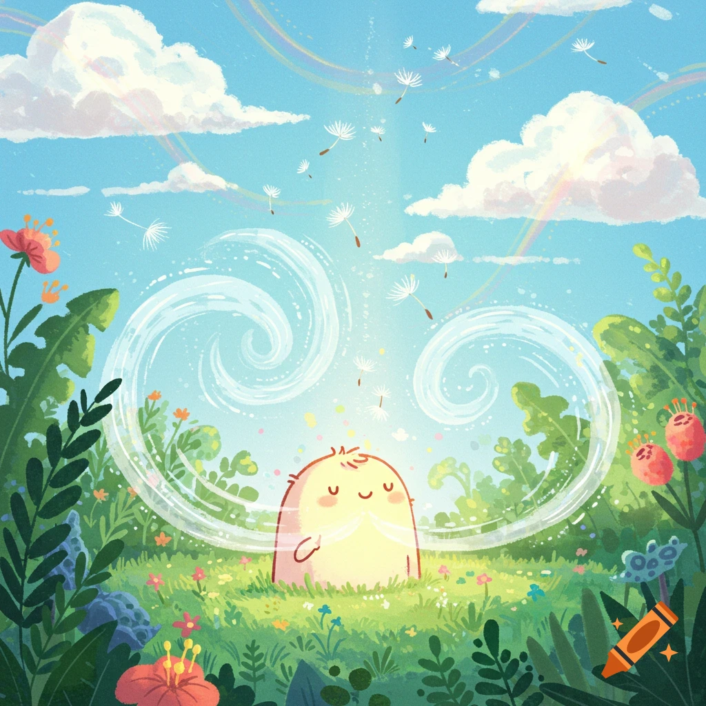 A cute, yellow, blob-like creature sits in a vibrant flower-filled meadow, with dandelion seeds floating on swirling wind into a blue sky with clouds and a rainbow, in a cartoon style.