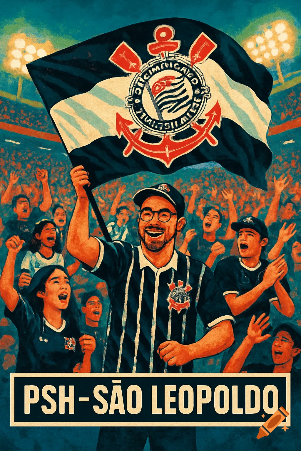 An illustration of a man with glasses and a beard, wearing a striped Corinthians shirt, holding a large Corinthians flag amidst a cheering crowd in a stadium. A banner at the bottom reads "PSH-SÃO LEOPOLDO".