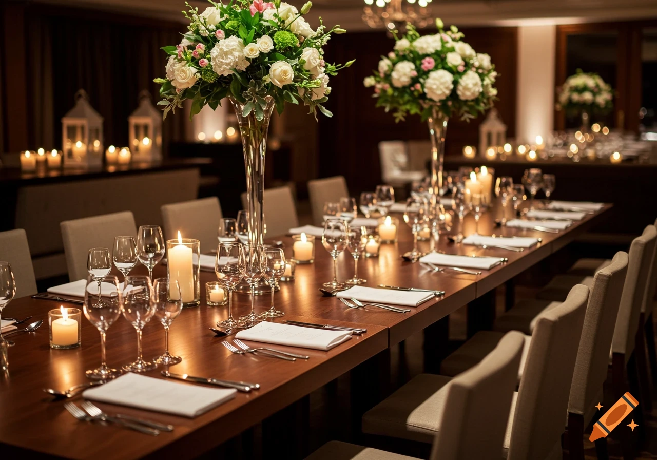 A long, elegantly set dining table with tall white floral centerpieces, sparkling glassware, and lit candles creating a warm, inviting atmosphere.