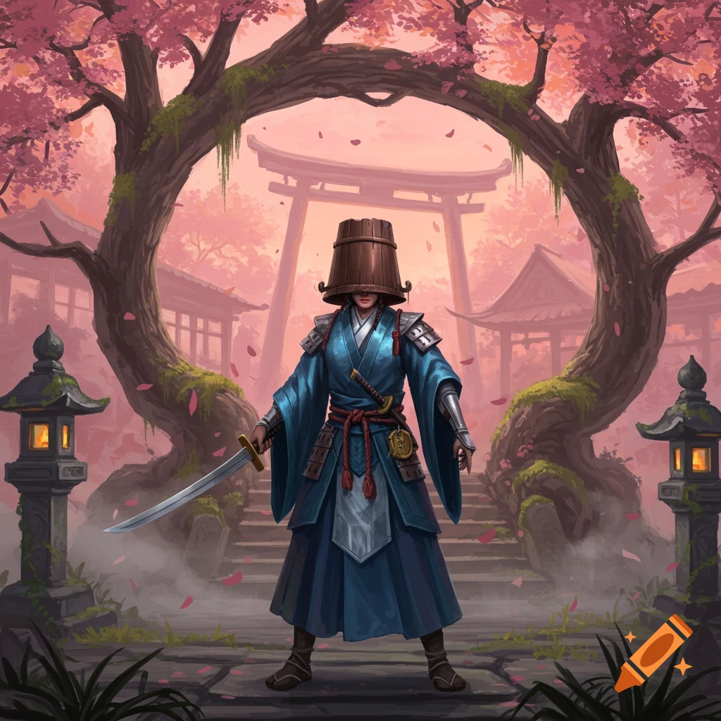 A fantasy warrior with a bucket helmet and blue robes stands with a sword in a cherry blossom garden.