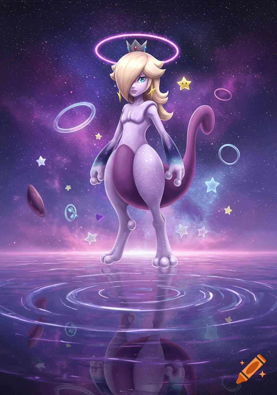 A fusion of Rosalina and Mewtwo, with Rosalina's upper body on a Mewtwo-like form, standing in cosmic water with a starry galaxy background.