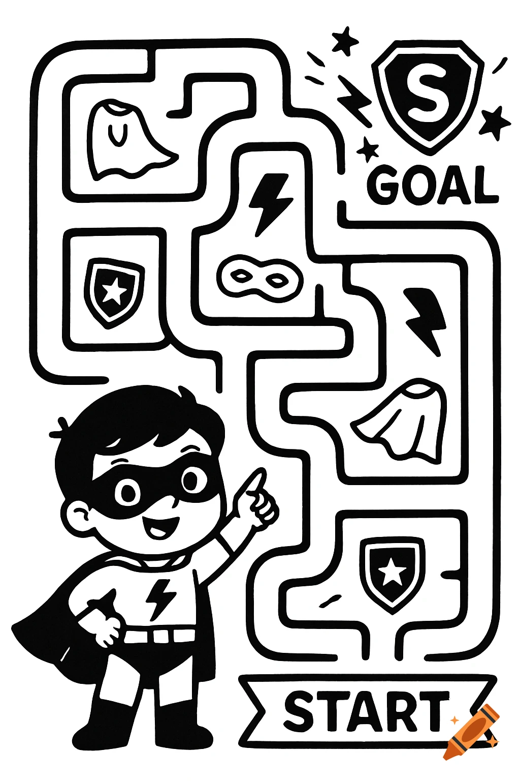 A cartoon superhero boy next to a black and white maze with START and GOAL banners and superhero icons.