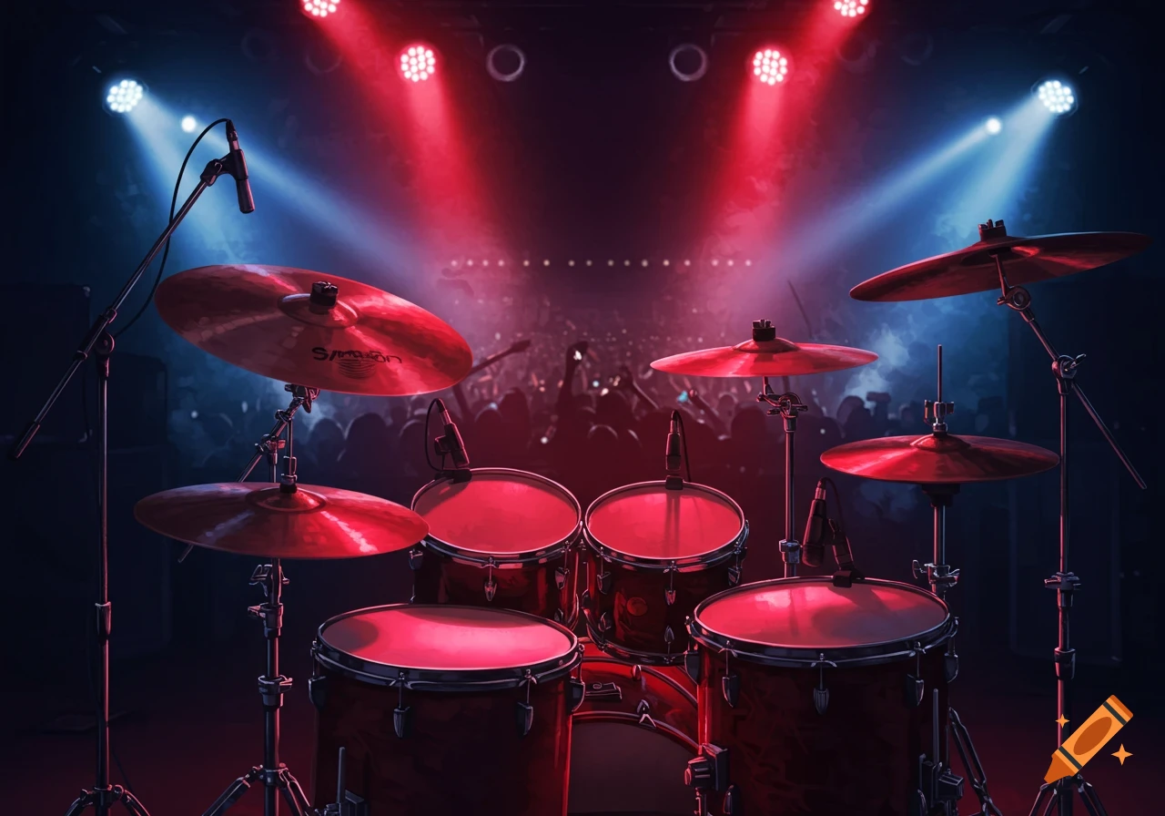 A drum set on a stage bathed in red and blue spotlights, with a blurred audience in the background.