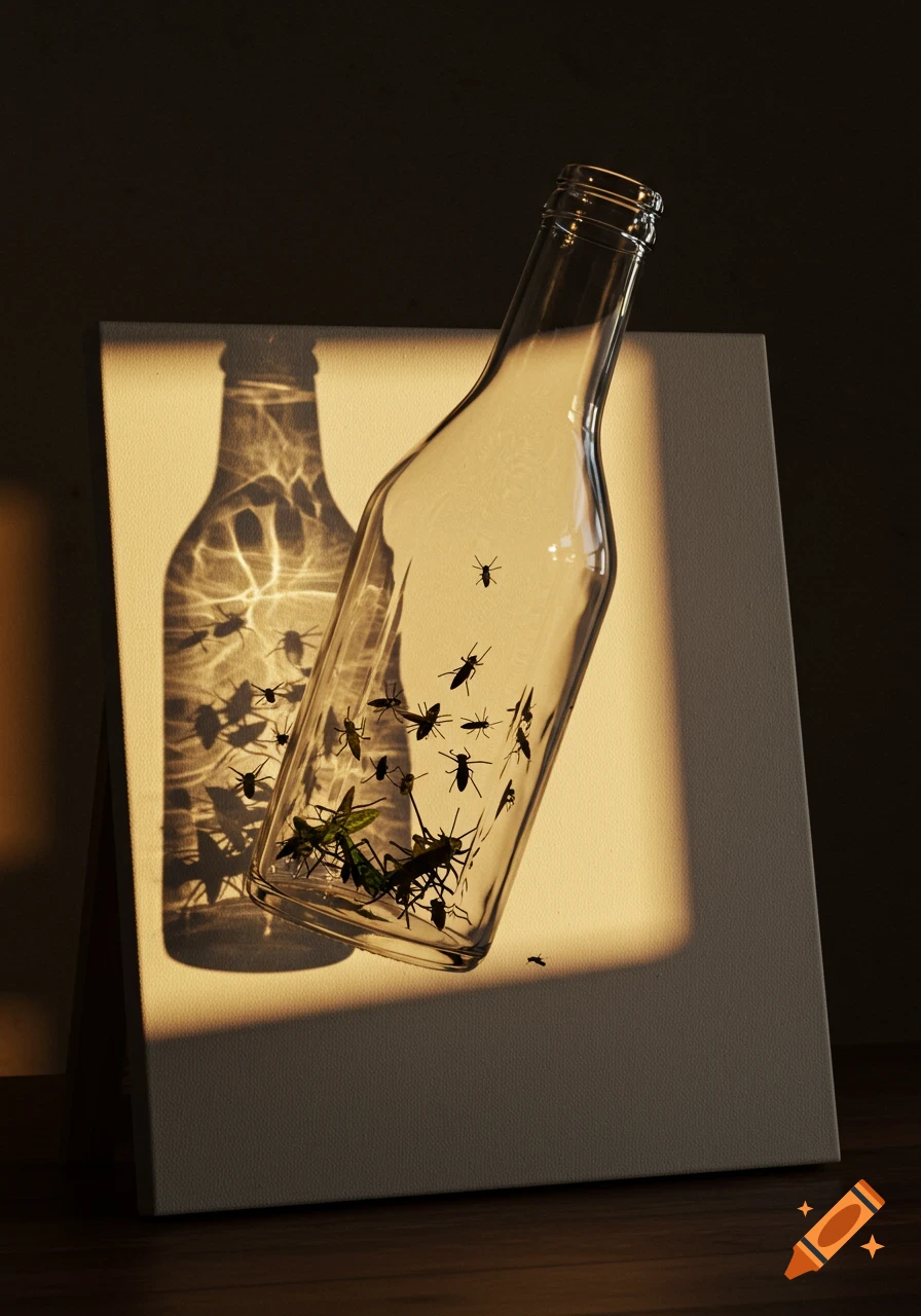 A clear glass bottle filled with ants and grasshoppers casts a detailed shadow on a canvas, illuminated by warm sunlight.