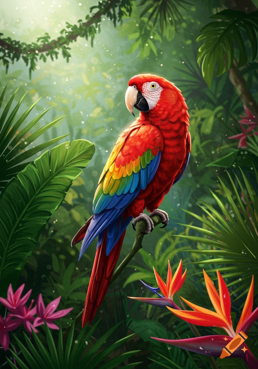 A vibrant red, yellow, and blue macaw perches on a branch in a lush, sun-dappled tropical jungle with exotic flowers, digital painting.