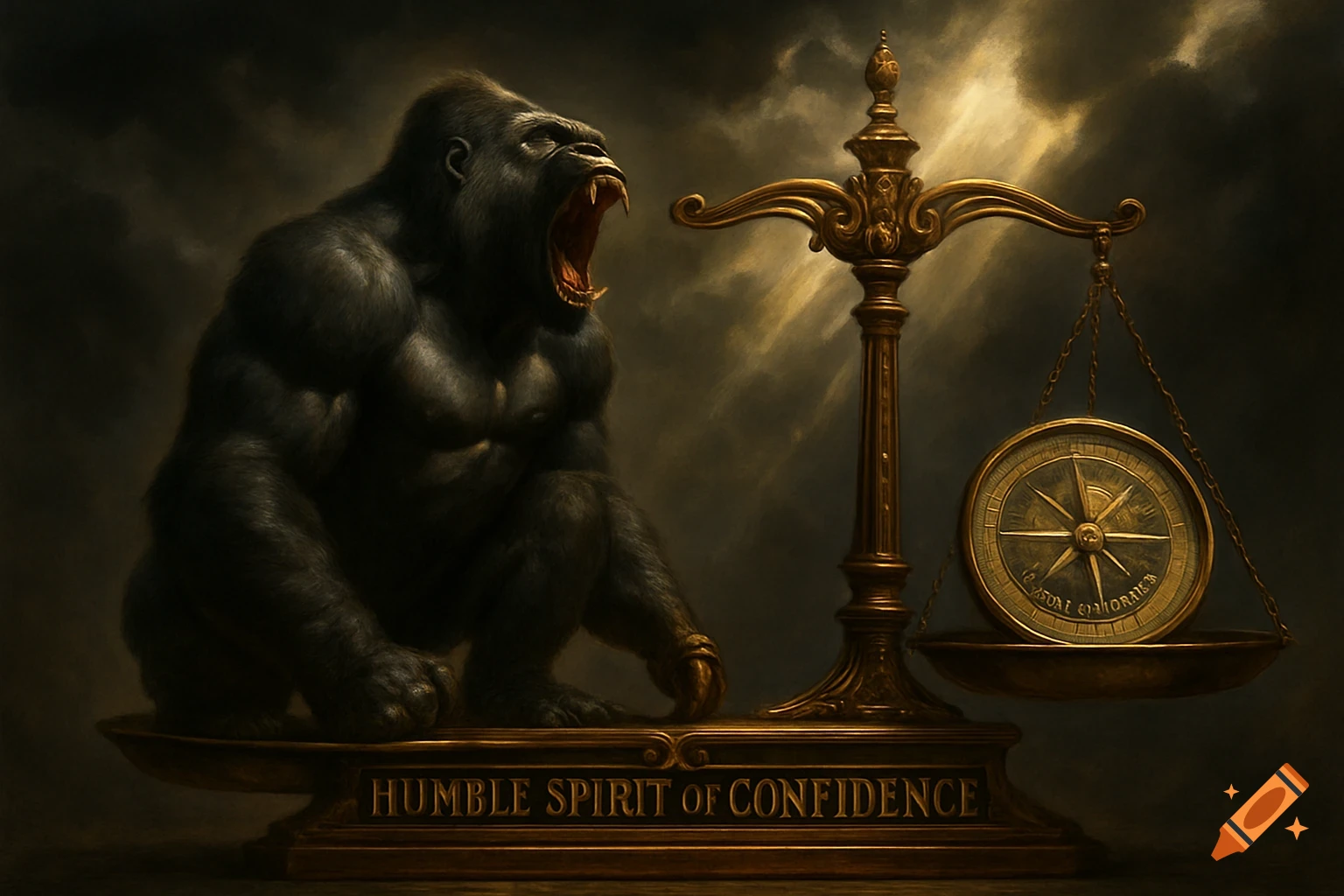 A roaring gorilla kneels on one side of an antique scale, balanced by a moral compass. The base reads "HUMBLE SPIRIT OF CONFIDENCE".