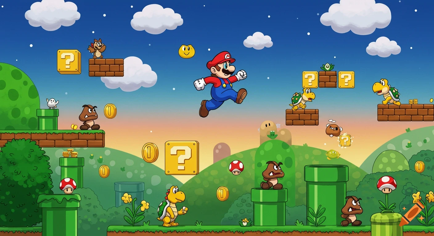 Mario jumps over Goombas and Koopa Troopas in a colorful Super Mario Bros. level with pipes and question mark blocks.