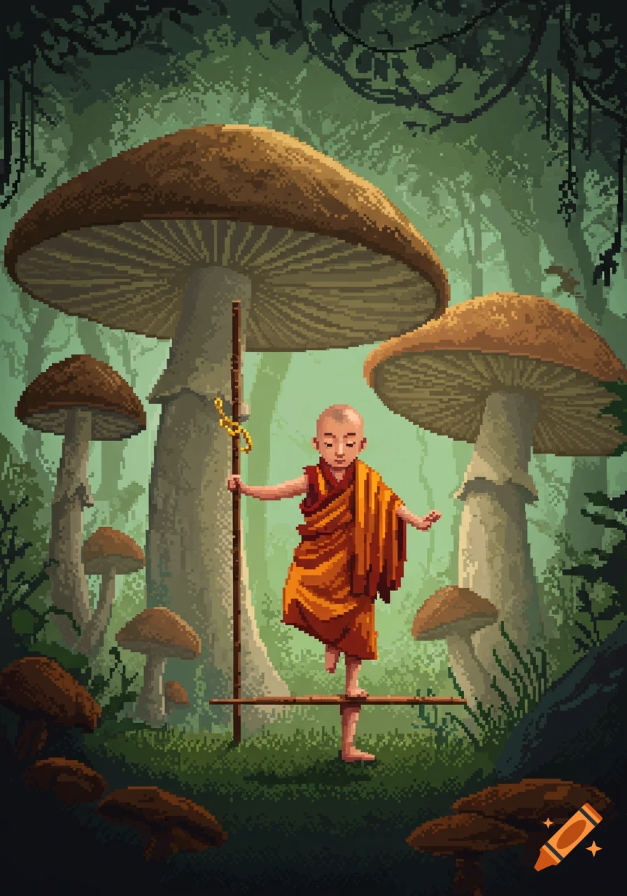 A young monk in orange robes balances on a staff amidst a giant mushroom forest, depicted in detailed pixel art style.