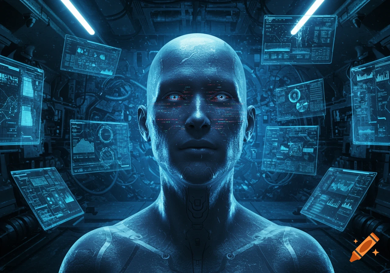 A futuristic bald man with glowing red eyes and digital data projected on his face, surrounded by floating holographic screens displaying graphs and code, all bathed in blue light.