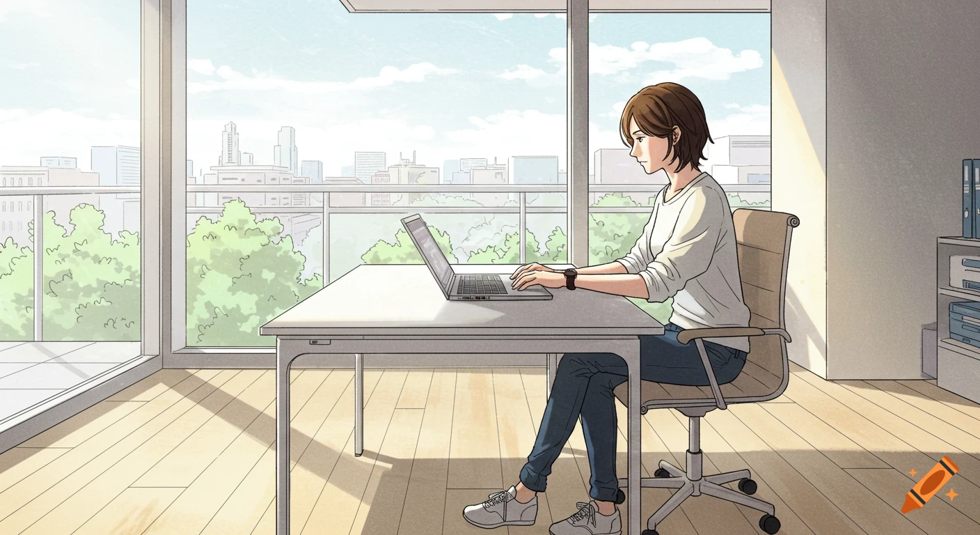 A woman with short brown hair works on a laptop at a desk in a bright, modern room with large windows overlooking a city, in manga style.