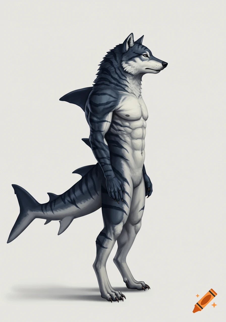A muscular wolf-tiger shark hybrid creature with gray stripes stands facing right.