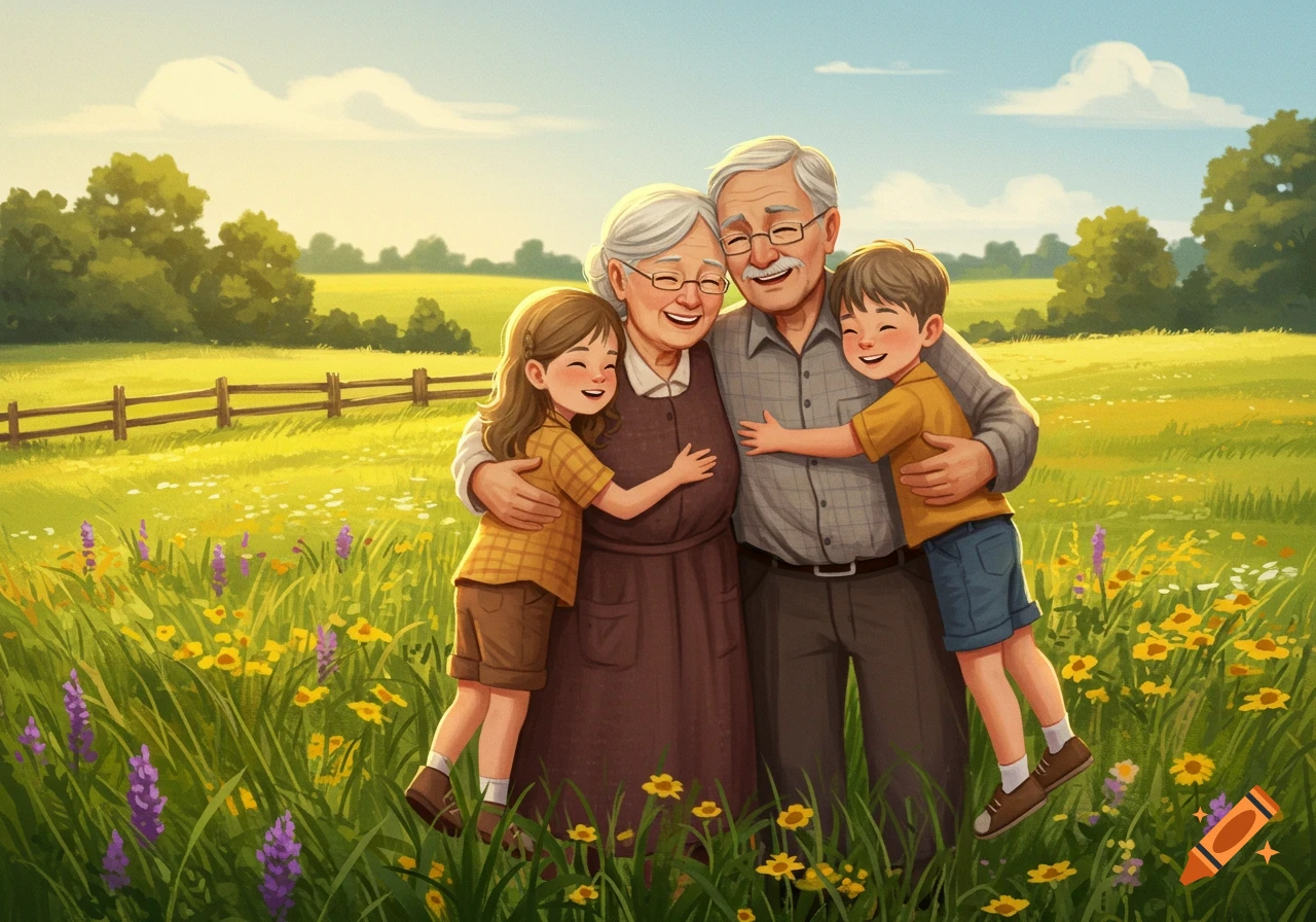 Two smiling grandparents hug their young grandchildren in a bright, sunny, flowery field, depicted in a whimsical illustration style.