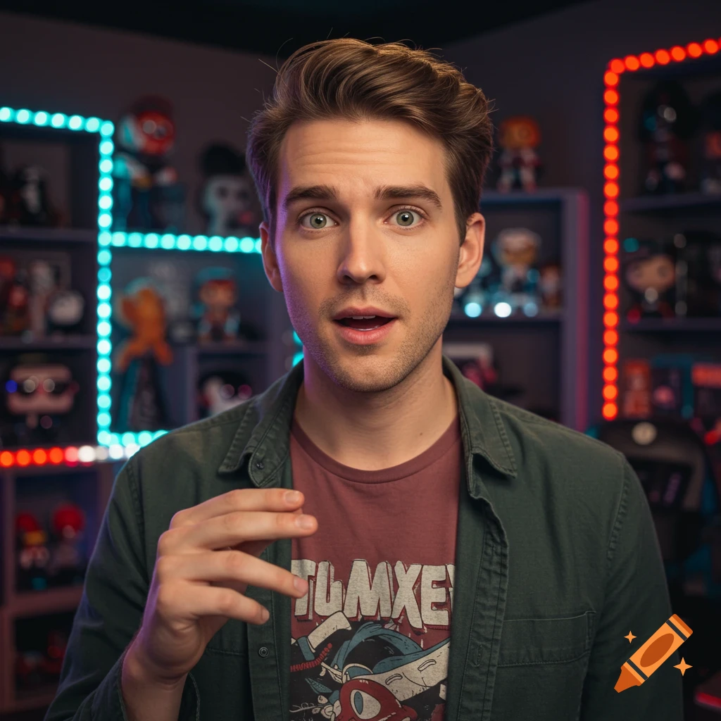 A photorealistic portrait of a young man with green eyes, a surprised expression, and his hand raised, in a studio with colorful LED lights and shelves of pop-culture figures.