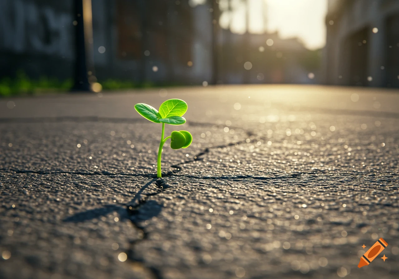 A tiny green sprout grows through a crack in dark asphalt, lit by golden sunlight and shimmering particles.