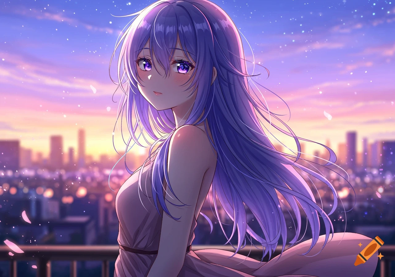 Anime girl with long purple hair and purple eyes, wearing a light dress, on a balcony overlooking a city skyline at sunset.
