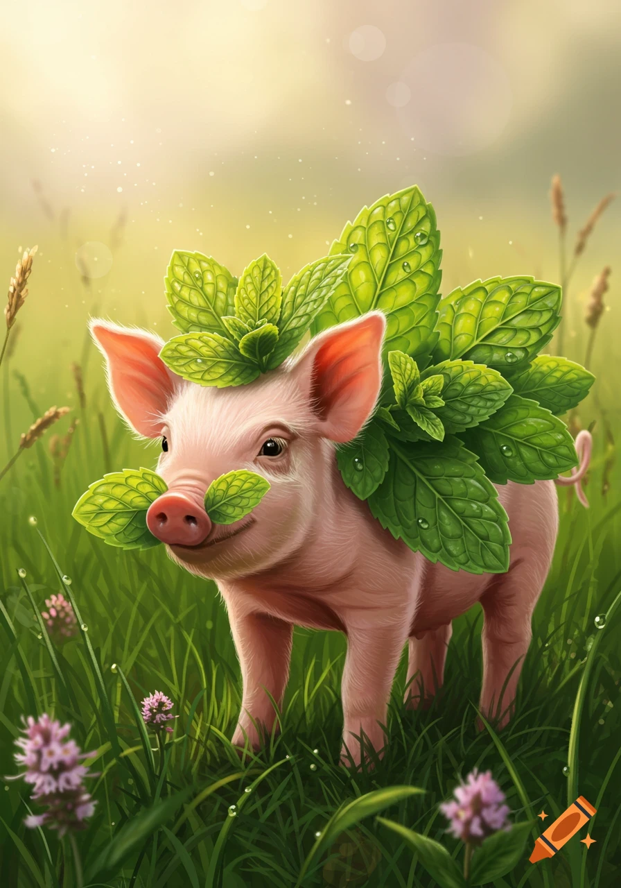 A charming illustration of a piglet with mint leaves on its head and snout, standing in a sunny grassy field.