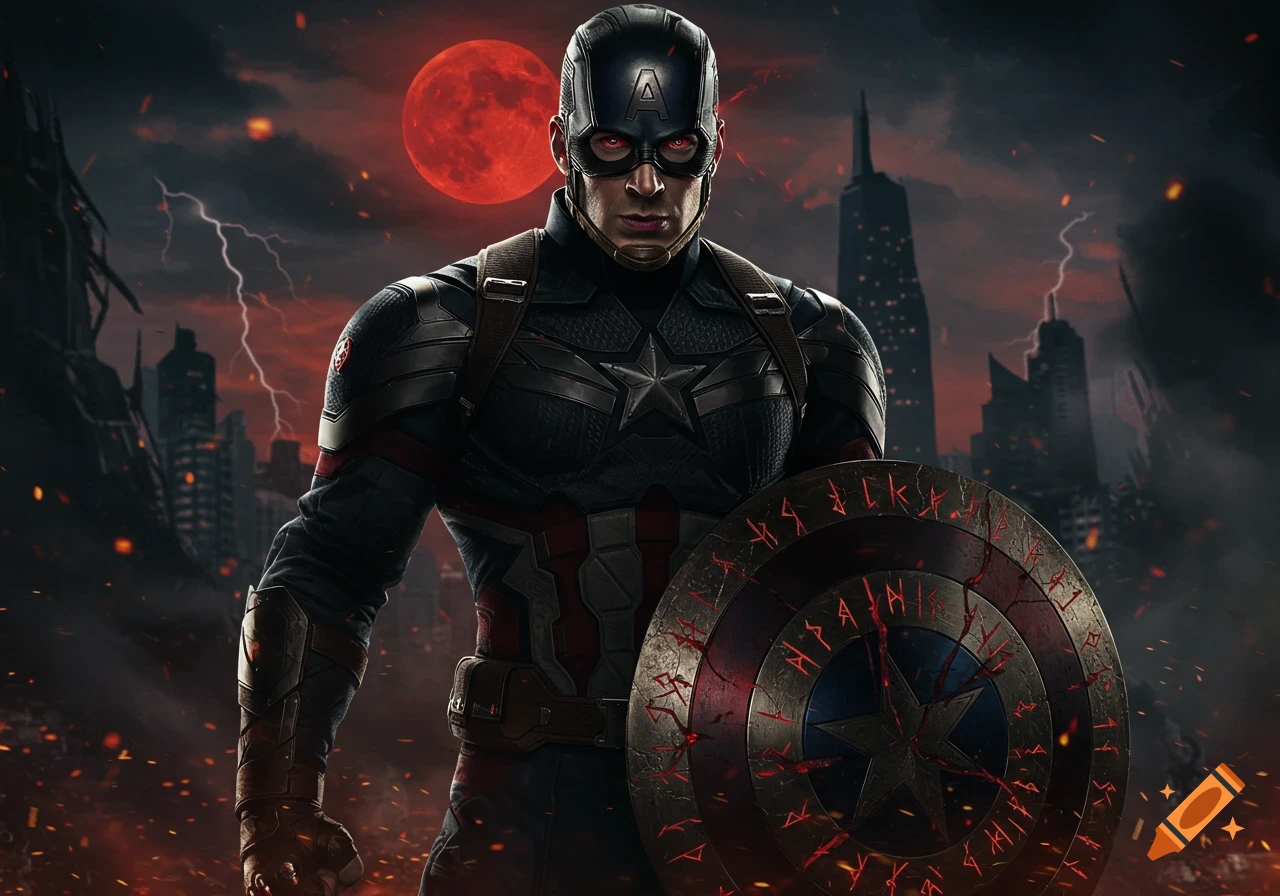 Captain America in a dark suit with glowing red eyes holds a shield with red runes under a stormy red moonlit sky.