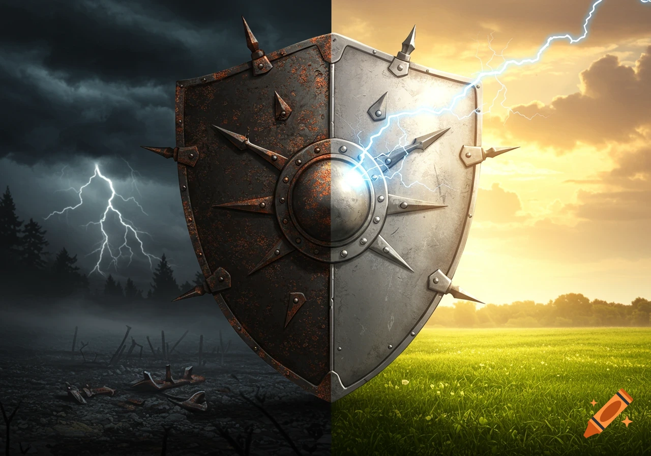 A shield split in half; the left is rusty against a stormy, dark forest, the right is shiny against a sunny, green field with lightning.