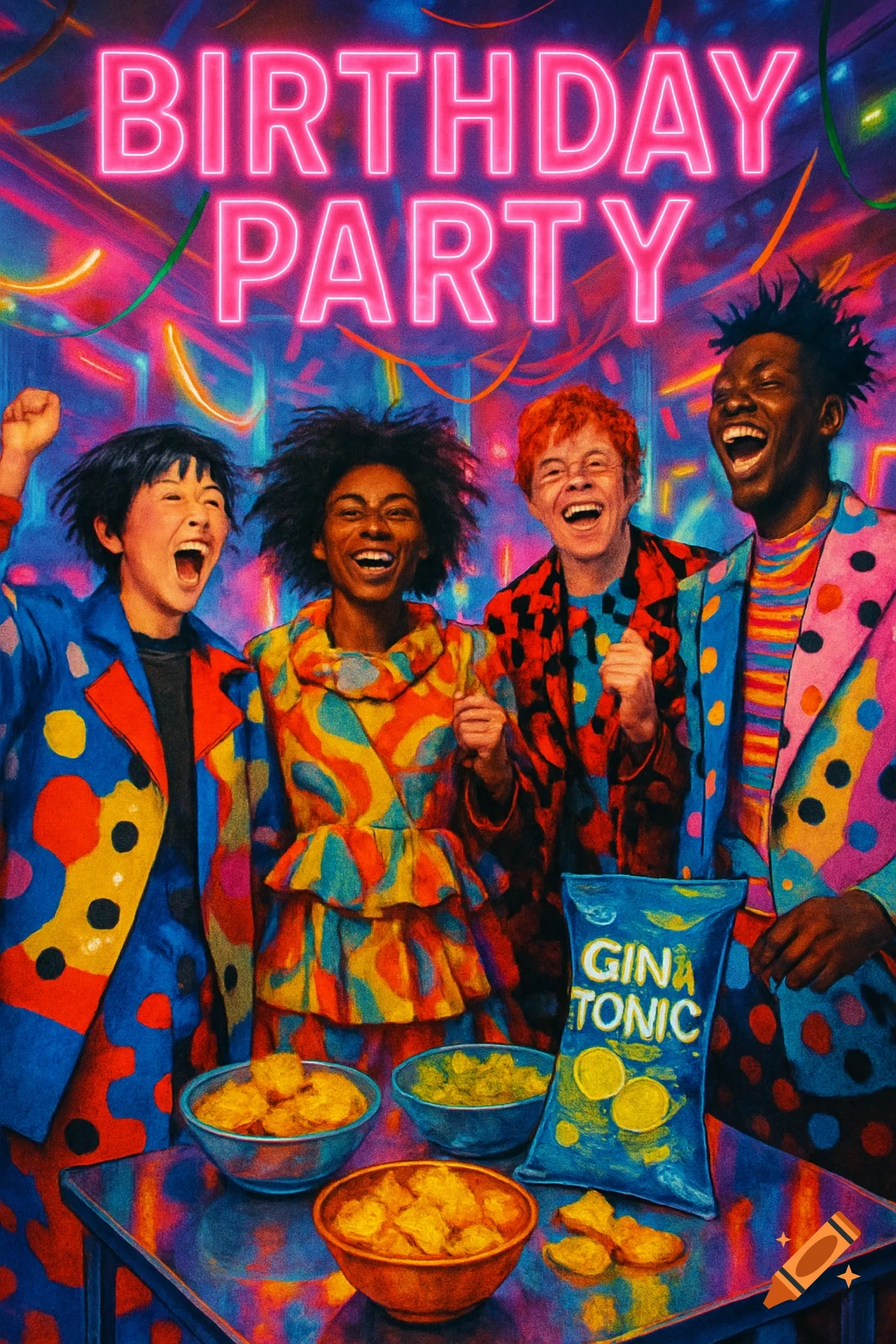 A vibrant birthday party flyer featuring four diverse people laughing and cheering, dressed in colorful, patterned outfits, with neon "BIRTHDAY PARTY" text above them. Chips in bowls and a "GINA TONIC" chip bag are on a table below.