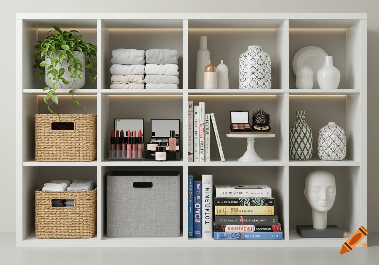A white shelving unit with 12 cubbies filled with a plant, folded textiles, makeup, books, decorative vases, and woven storage baskets.