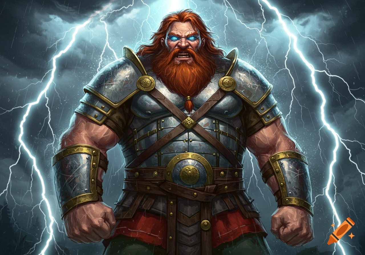 A red-haired, bearded warrior in detailed armor with glowing blue eyes, surrounded by lightning and rain, in a fantasy art style.