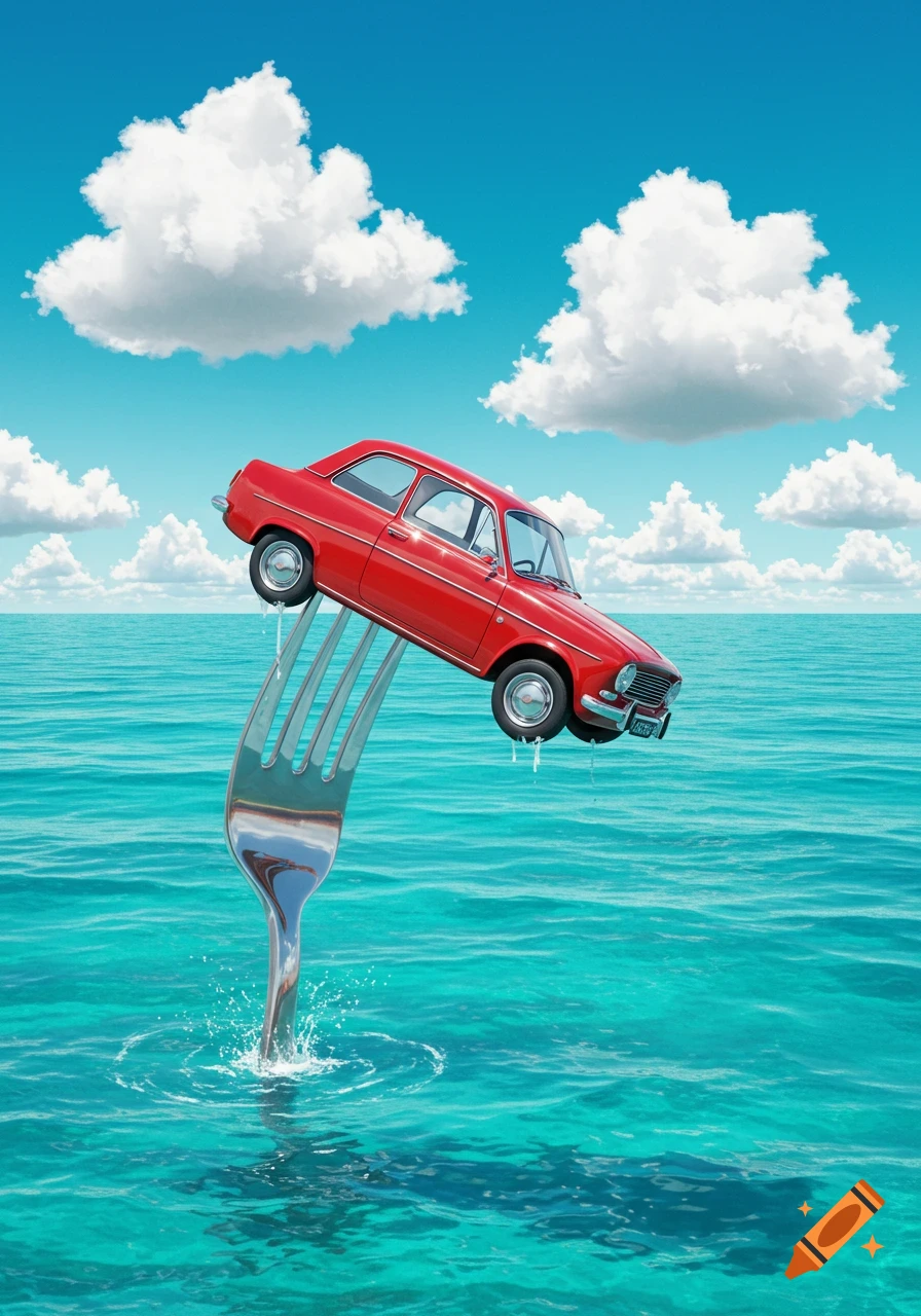 A red vintage car balances on a giant fork rising from a calm blue ocean under a bright sky with white clouds, in a surreal style.