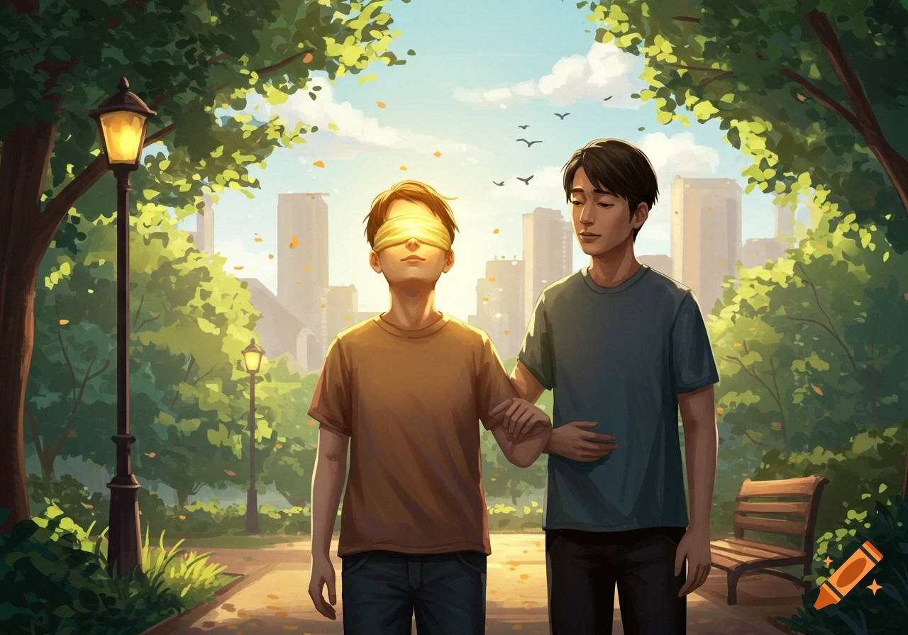 An illustration shows one person with a blindfold being guided by another through a sunny city park.