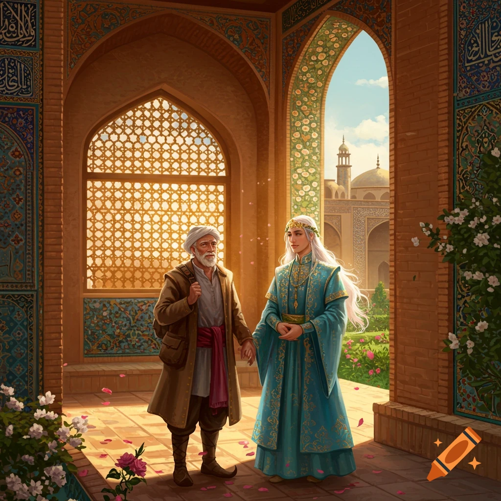 An older man and a young, ethereal person in ornate Middle Eastern attire in a grand palace courtyard with tiled walls and a garden.