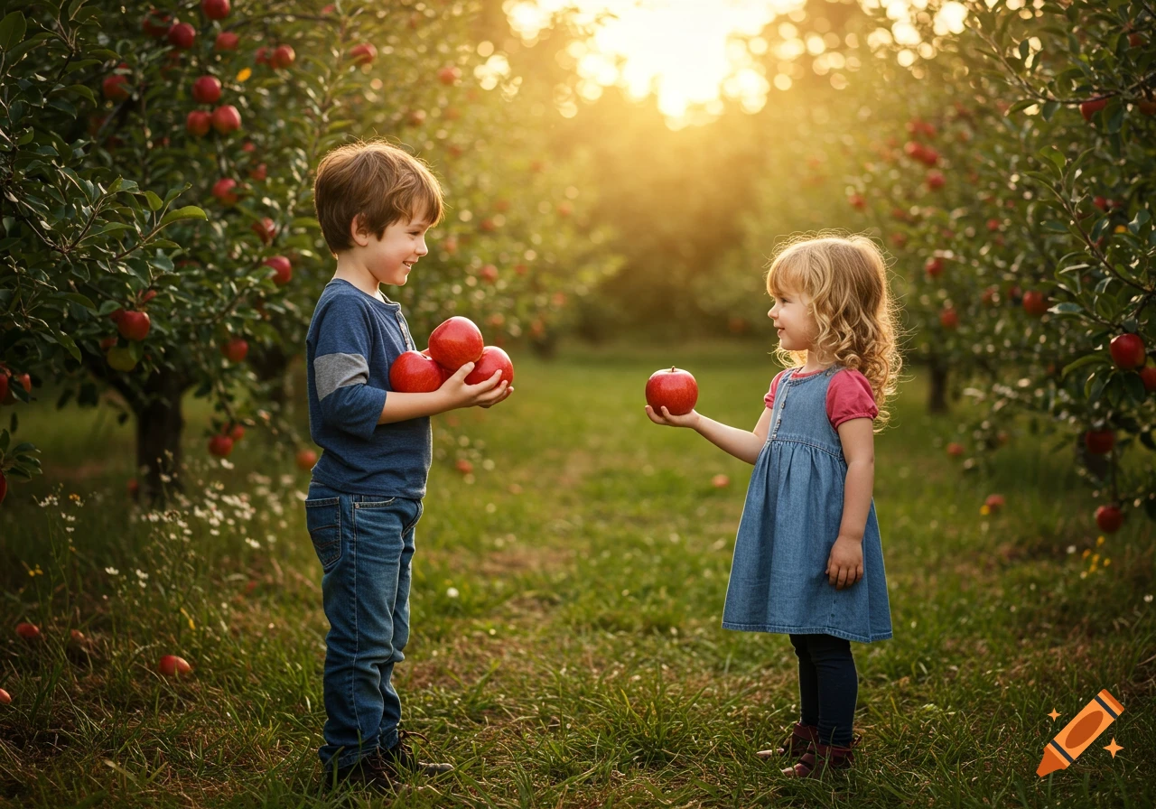 A smiling boy offers red apples to a girl in a sunny photorealistic apple orchard.