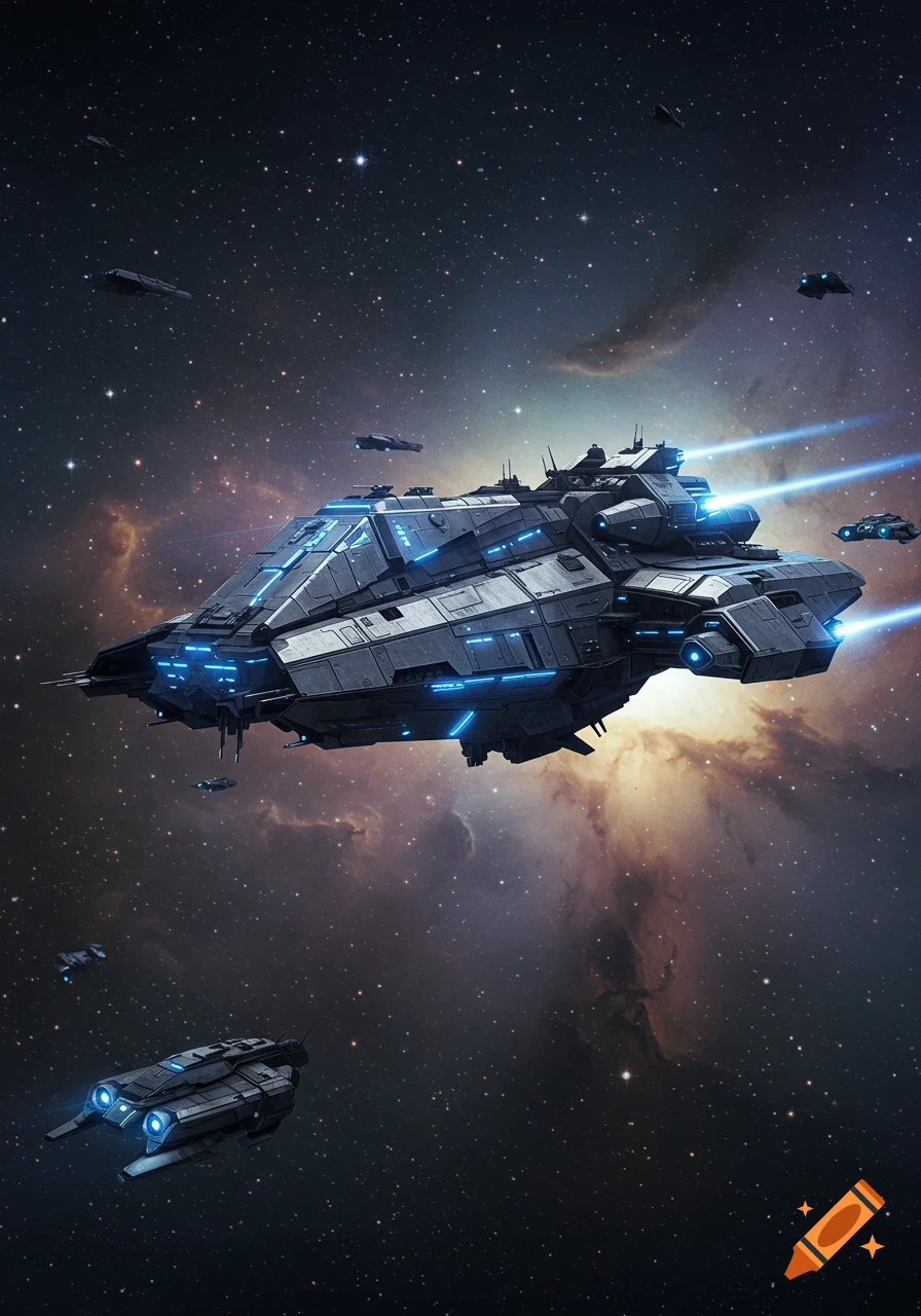 A large, detailed sci-fi military spaceship with glowing blue lights flies through space, accompanied by smaller ships and nebulae.