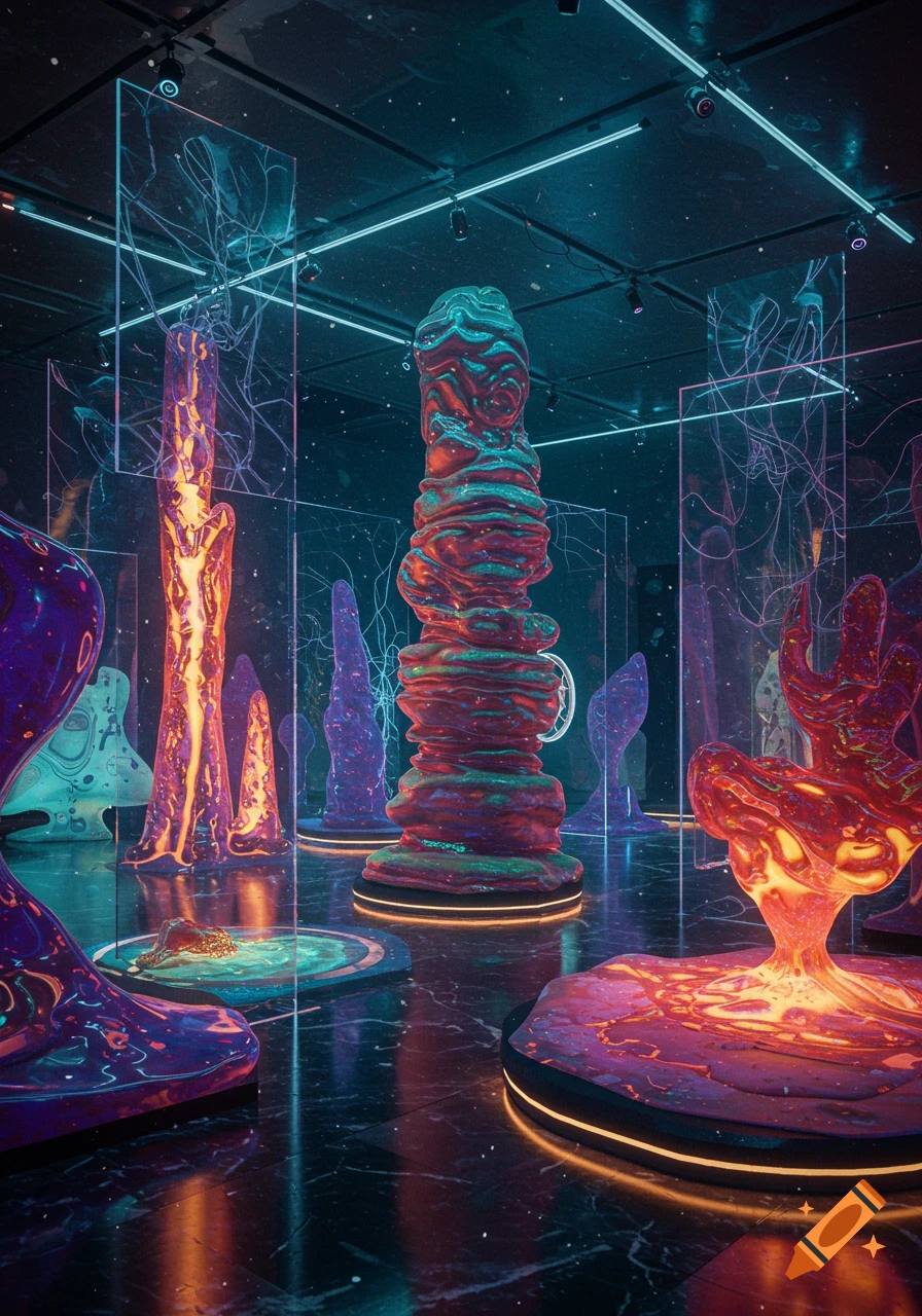 Vibrant, glowing abstract sculptures resembling organic forms in a dark, futuristic art exhibition.