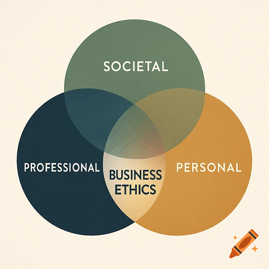 A Venn diagram showing 'Business Ethics' as the central intersection of three circles labeled 'Professional', 'Societal', and 'Personal'.