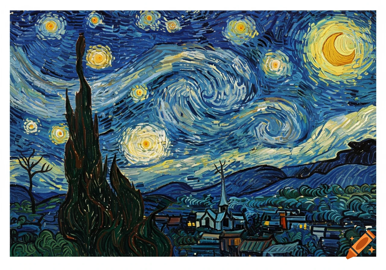 A vibrant painting in the style of Van Gogh's The Starry Night, featuring a swirling blue sky, bright stars, a crescent moon, a dark cypress tree, and a village with a church spire.