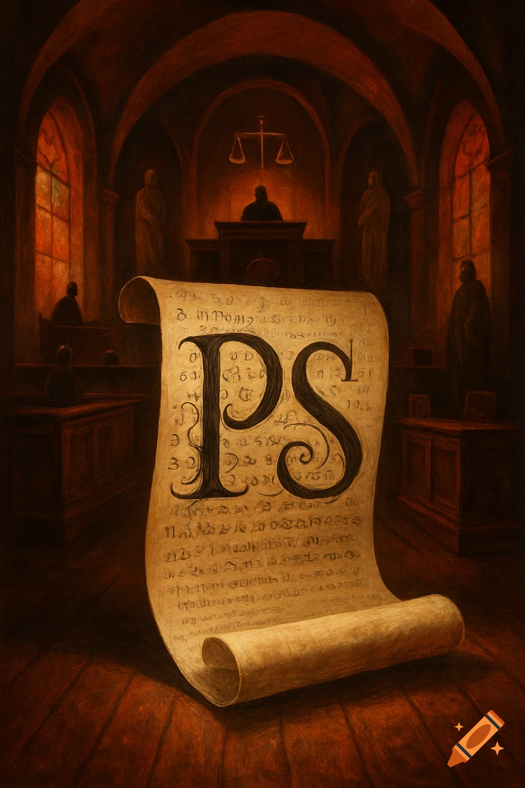 A large, unfurled scroll with ornate 'P' and 'S' in a dark, surreal courtroom with a judge, scales of justice, and figures.