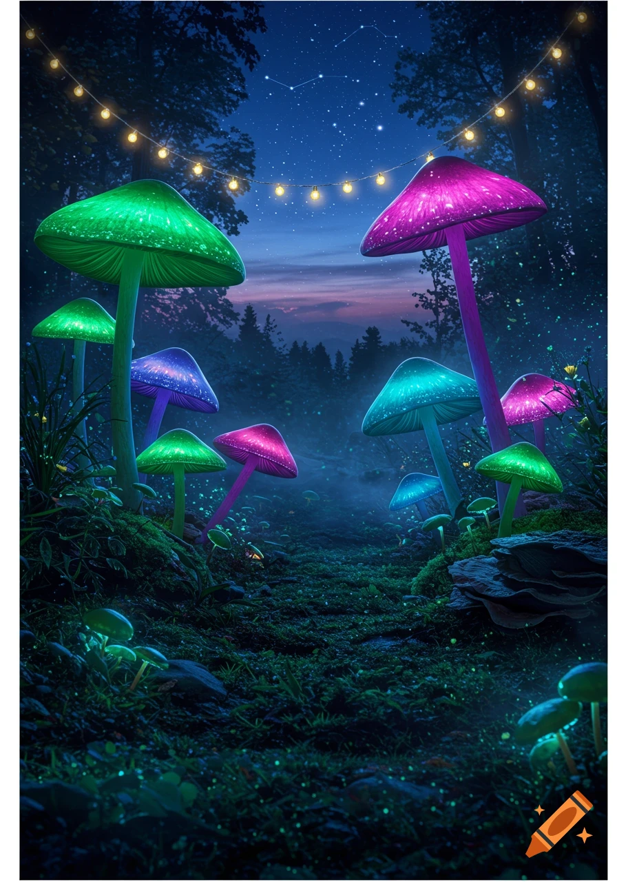 A magical forest path at night, illuminated by glowing green, purple, and blue mushrooms, with string lights overhead.