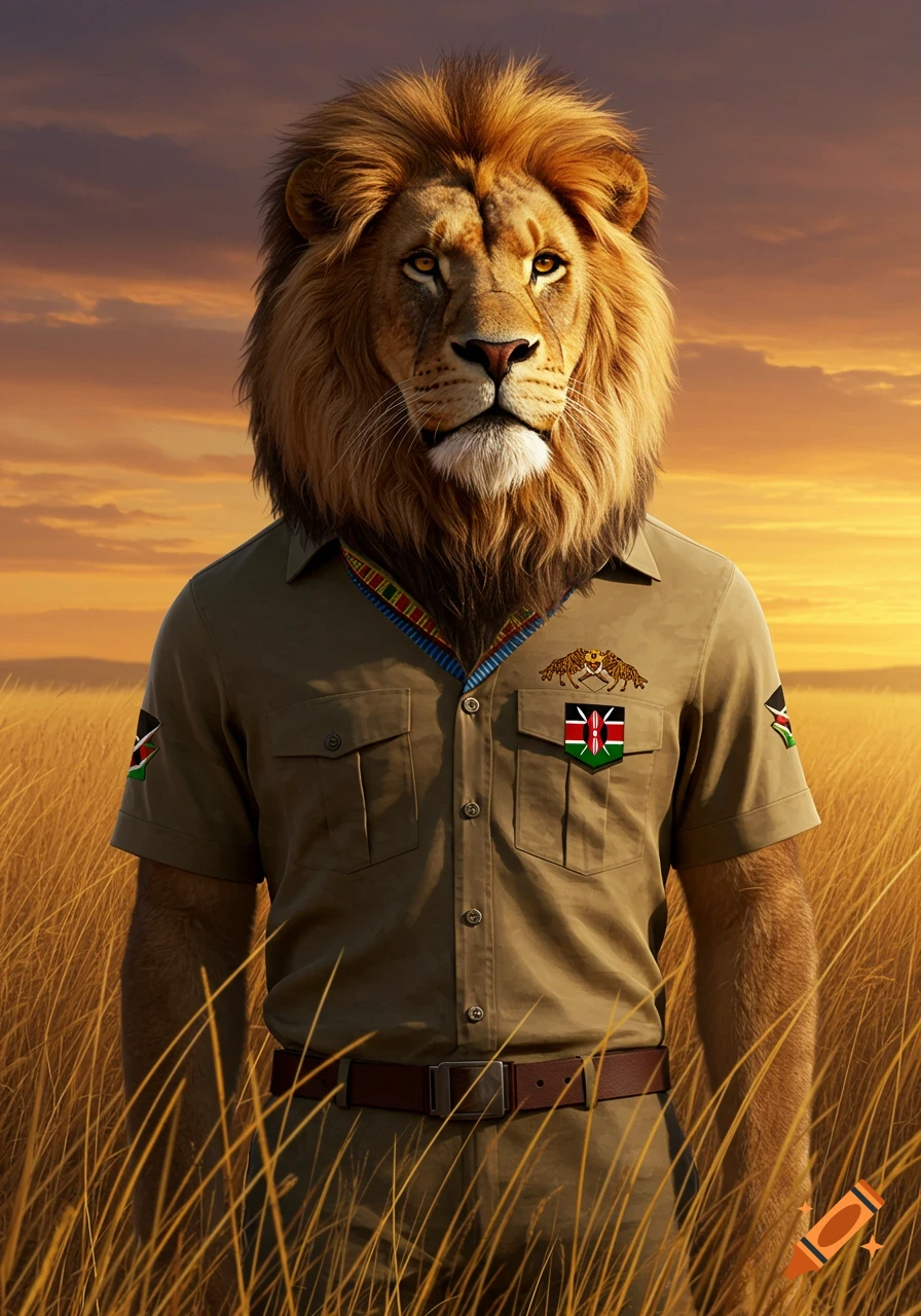 A photorealistic lion with a man's body, wearing a khaki safari shirt with Kenyan flag emblems, standing in a golden savanna at sunset.