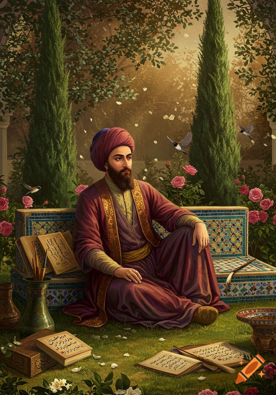 A bearded man in a red turban and traditional Persian attire sits in a lush rose garden with books and writing tools. Painterly style.