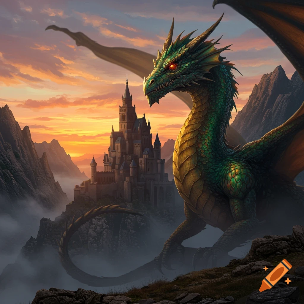 A large green dragon with glowing red eyes sits on a rocky cliff overlooking a grand castle shrouded in mist at sunset.