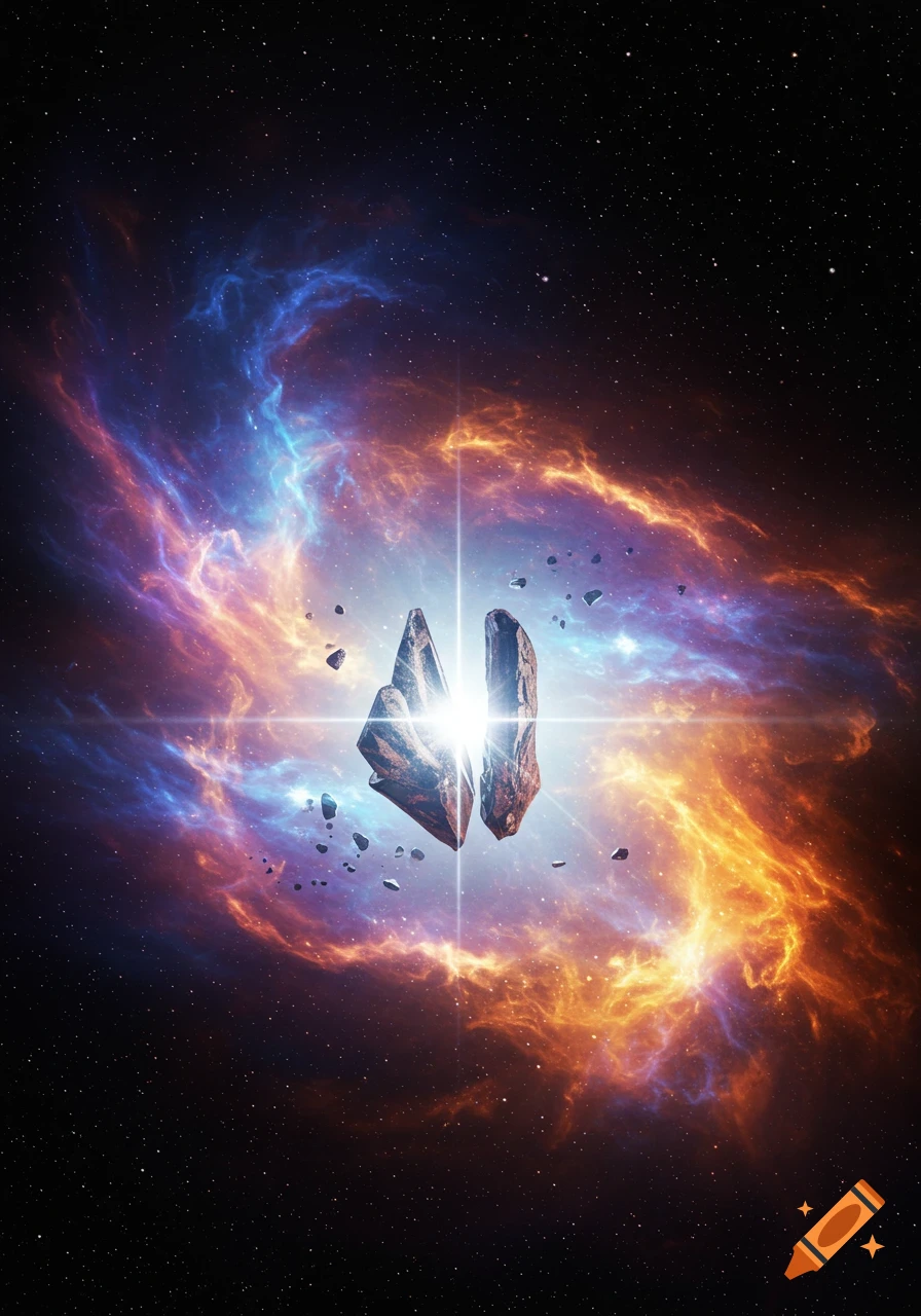 Two jagged asteroids emit bright light, surrounded by colorful nebulae in deep space.