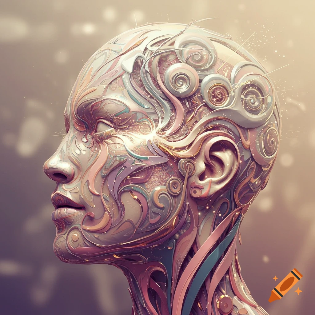 Detailed profile of a stylized humanoid head with intricate metallic and organic patterns in pastel colors.